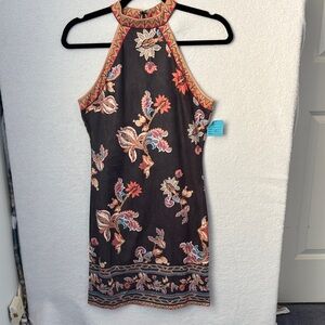Chic Backless Floral Dress - Black and Orange